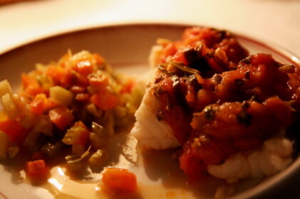 アンコウと蒸し野菜の付け合わせ